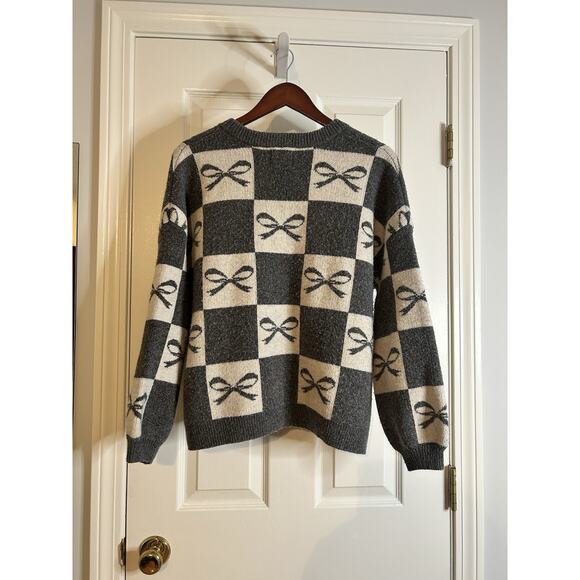Soho & Stella Bow Checkered Cardigan Sweater Gray Cream Size M - Picture 2 of 5